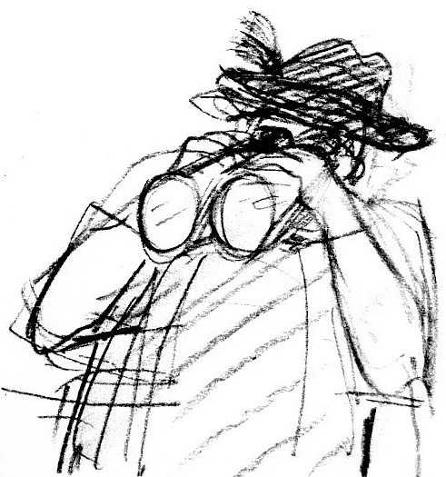 Fernrohrmann: Zeichnung eines Hamburg-Entdeckers mit Fernglas. Illustration: Brigitte Strombeck